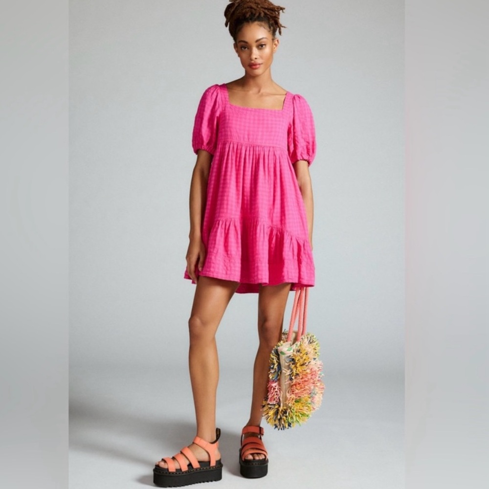 PILCRO • Anthropologie • Square Neck Gingham Print Mini BabyDoll Dress